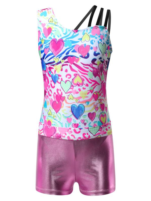 Kids Girls Asymmetric Shoulder Leotard with Shorts Gymnastic Set thumb