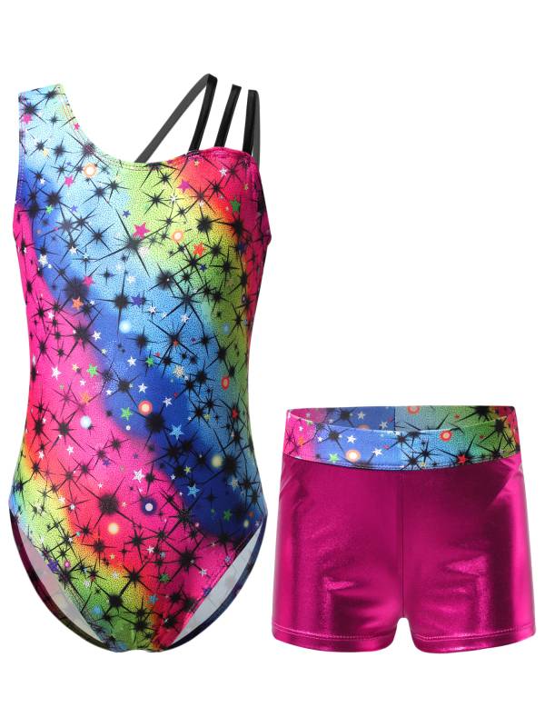Kids Girls Asymmetric Shoulder Leotard with Shorts Gymnastic Set thumb