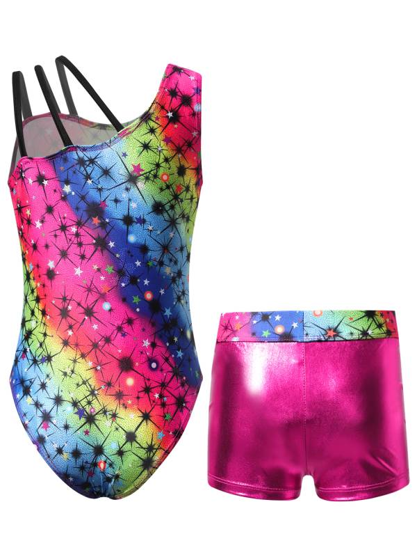 Kids Girls Asymmetric Shoulder Leotard with Shorts Gymnastic Set thumb