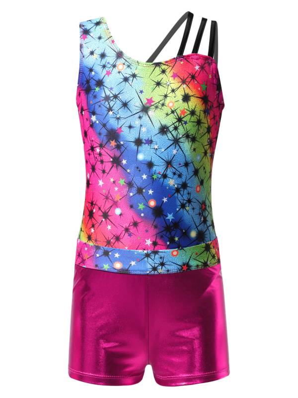 Kids Girls Asymmetric Shoulder Leotard with Shorts Gymnastic Set thumb