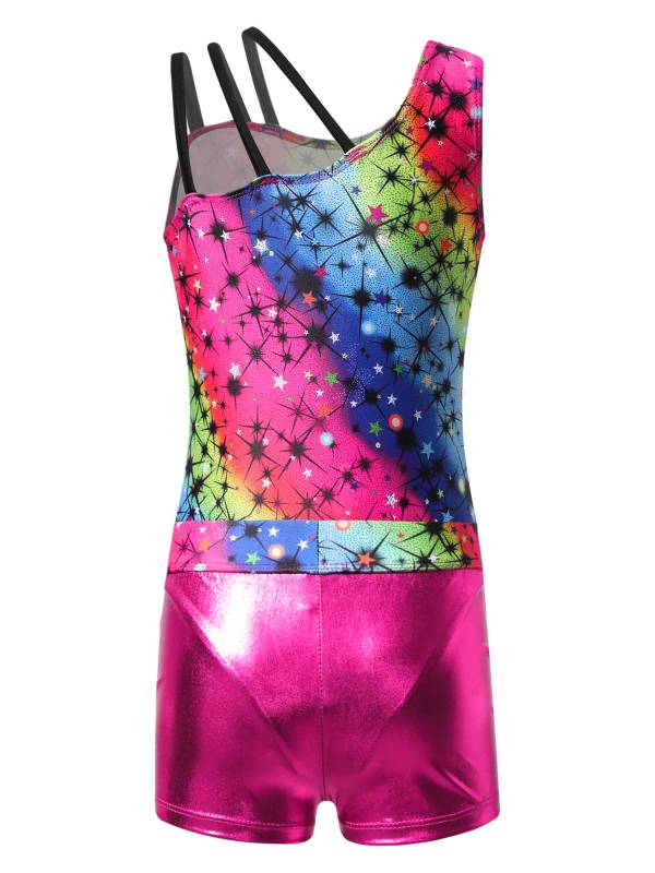 Kids Girls Asymmetric Shoulder Leotard with Shorts Gymnastic Set thumb