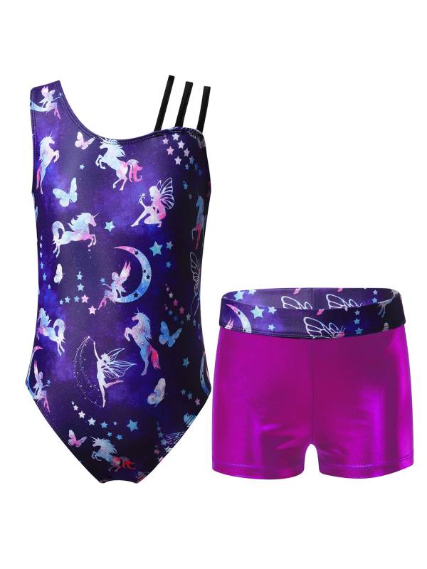 Kids Girls Asymmetric Shoulder Leotard with Shorts Gymnastic Set thumb