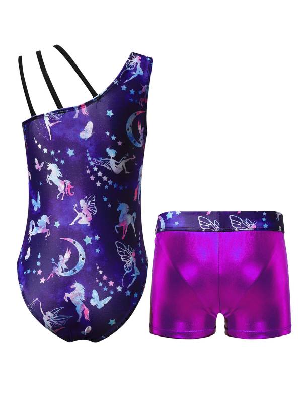 Kids Girls Asymmetric Shoulder Leotard with Shorts Gymnastic Set thumb