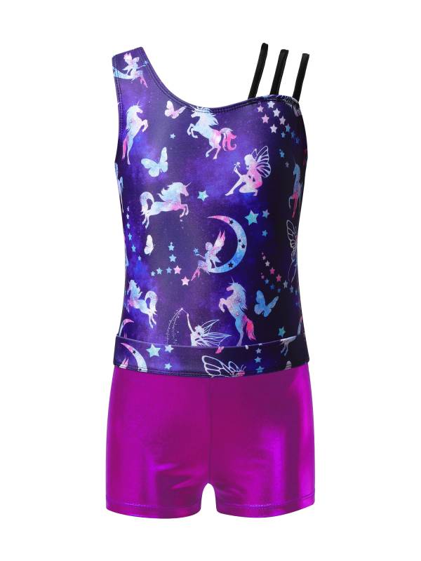 Kids Girls Asymmetric Shoulder Leotard with Shorts Gymnastic Set thumb
