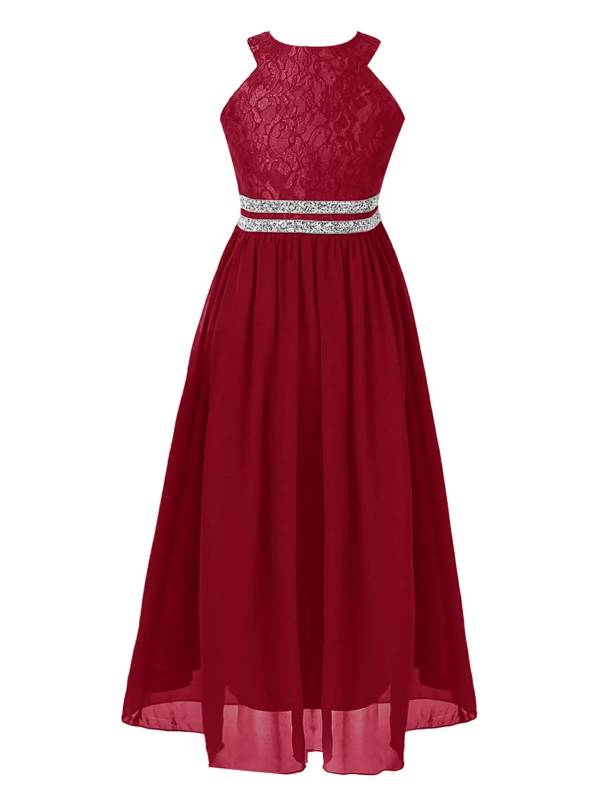 Kids Girls Halter Neck Floral Sequin Lace Dress thumb