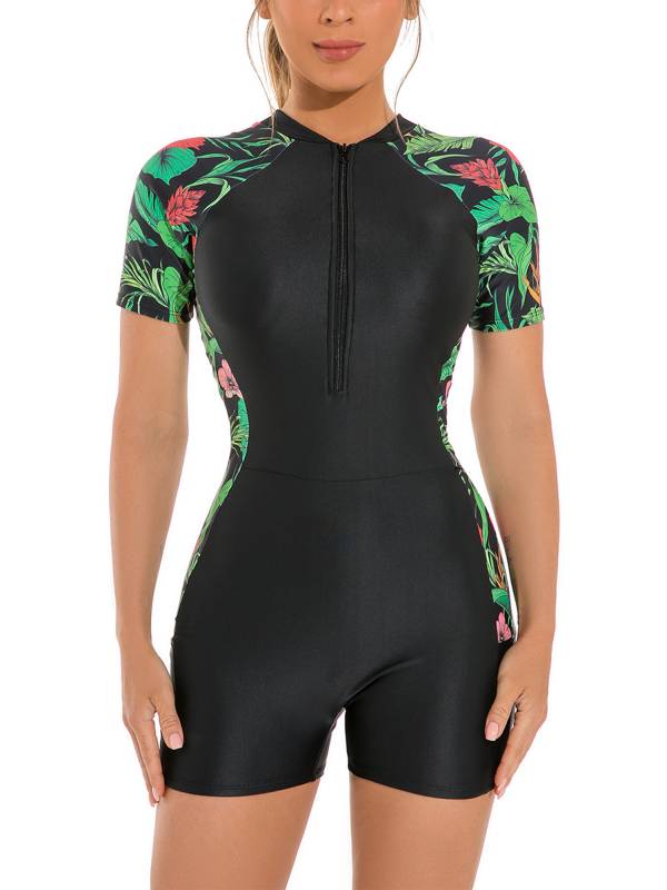 Women Floral Print Short Sleeve One Piece Swimsuit thumb