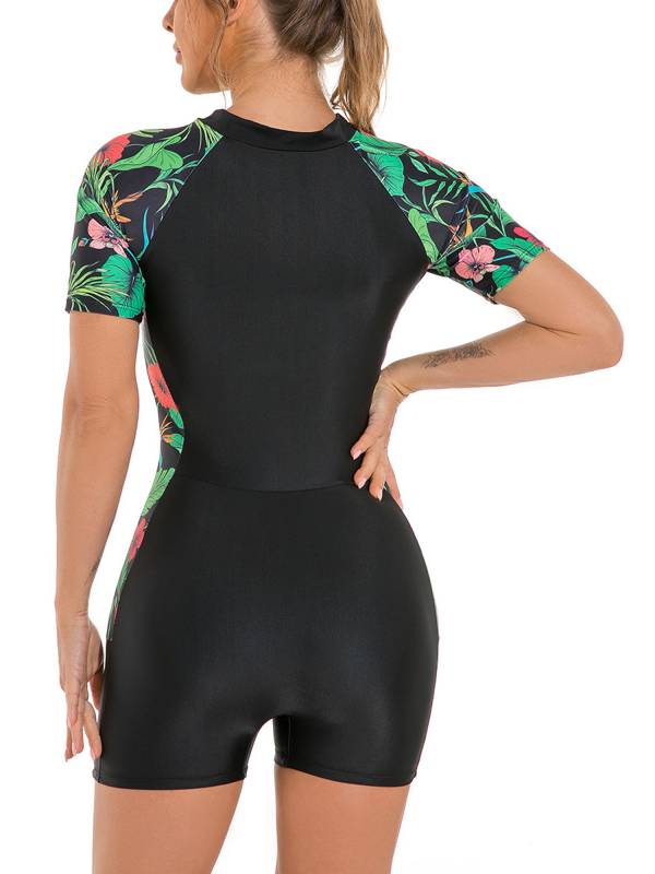 Women Floral Print Short Sleeve One Piece Swimsuit thumb