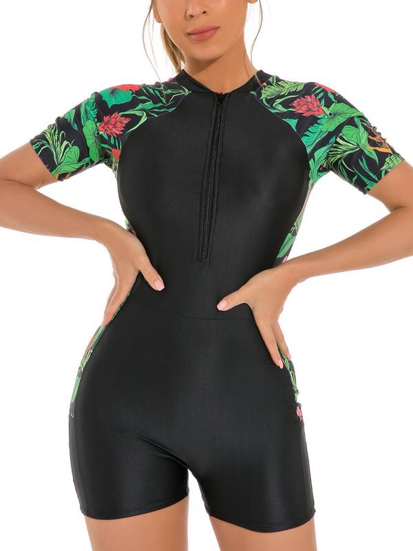 Women Floral Print Short Sleeve One Piece Swimsuit thumb