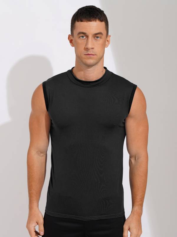 Men Sleeveless Solid Color Slim Fit Mock Neck Sports T-shirt thumb