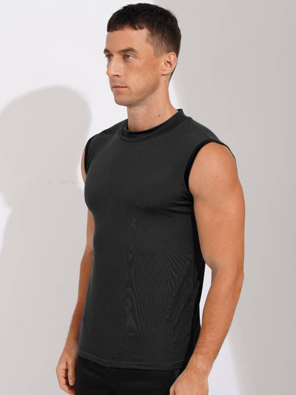 Men Sleeveless Solid Color Slim Fit Mock Neck Sports T-shirt thumb