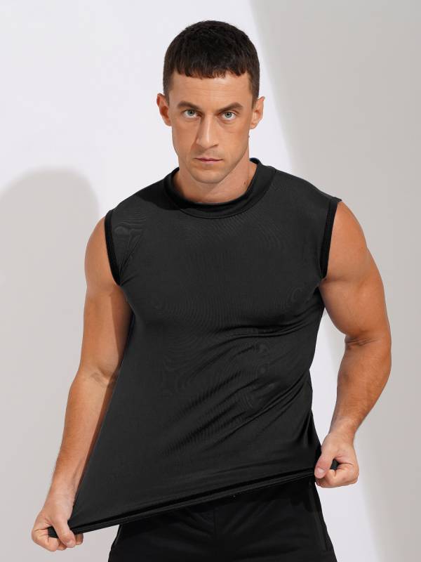 Men Sleeveless Solid Color Slim Fit Mock Neck Sports T-shirt thumb