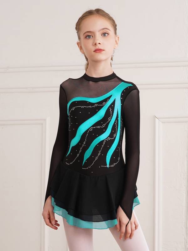 Kids Girls Long Sleeve Rhinestone Hollow Back Skating Dance Dress thumb