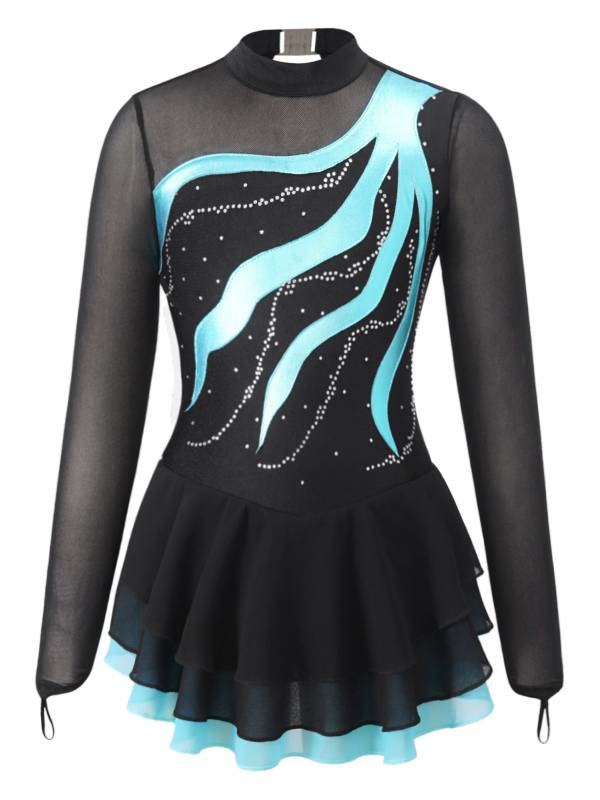 Kids Girls Long Sleeve Rhinestone Hollow Back Skating Dance Dress thumb