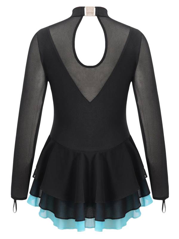 Kids Girls Long Sleeve Rhinestone Hollow Back Skating Dance Dress thumb