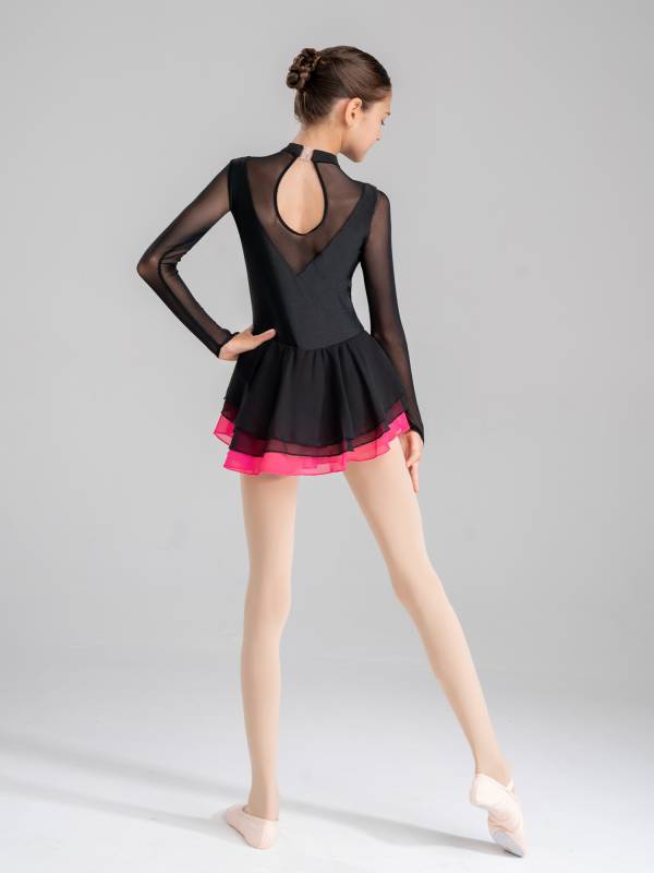 Kids Girls Long Sleeve Rhinestone Hollow Back Skating Dance Dress thumb