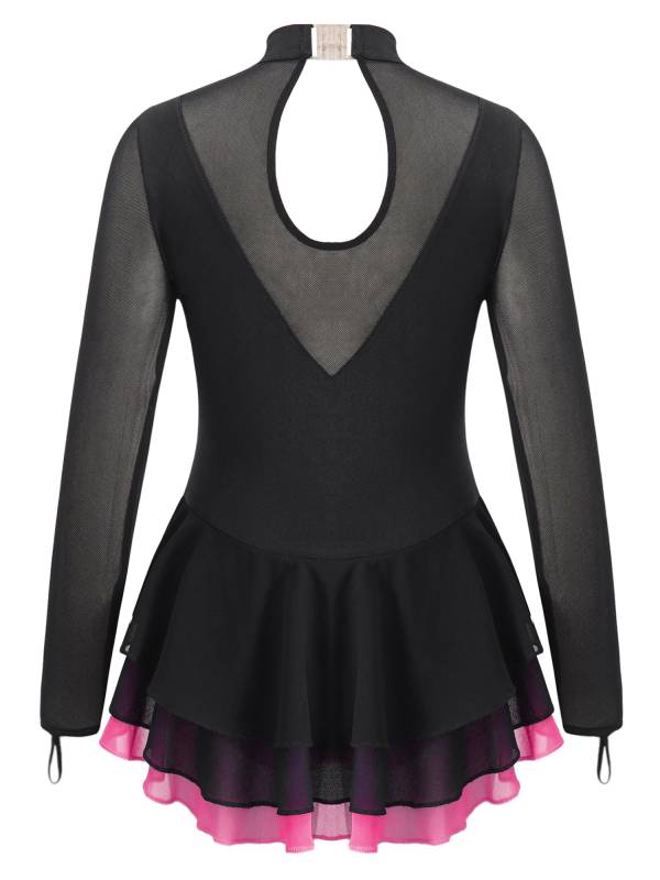 Kids Girls Long Sleeve Rhinestone Hollow Back Skating Dance Dress thumb