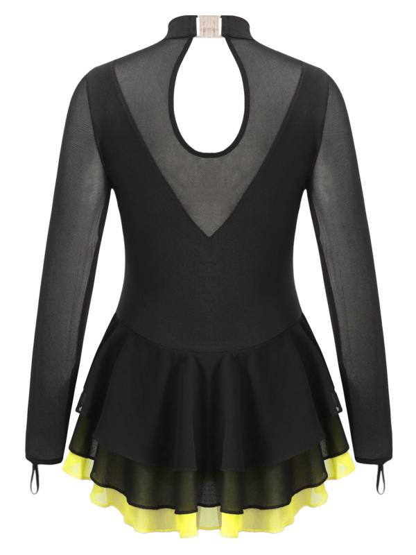 Kids Girls Long Sleeve Rhinestone Hollow Back Skating Dance Dress thumb
