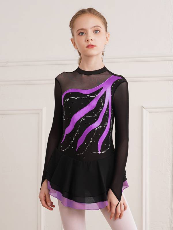 Kids Girls Long Sleeve Rhinestone Hollow Back Skating Dance Dress thumb