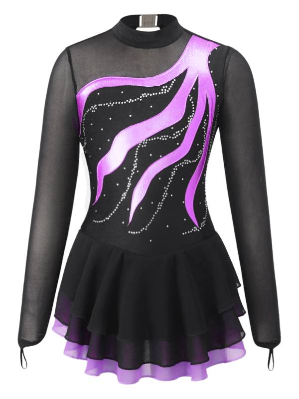 Kids Girls Long Sleeve Rhinestone Hollow Back Skating Dance Dress thumb