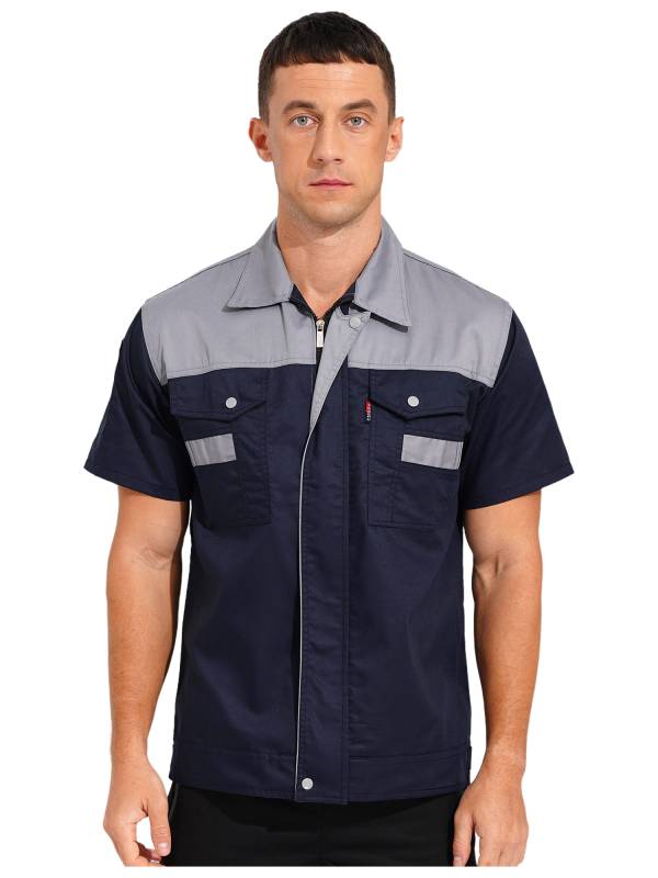 Men Color Block Short Sleeve Shirt Workers Uniform Mechanic Costume thumb