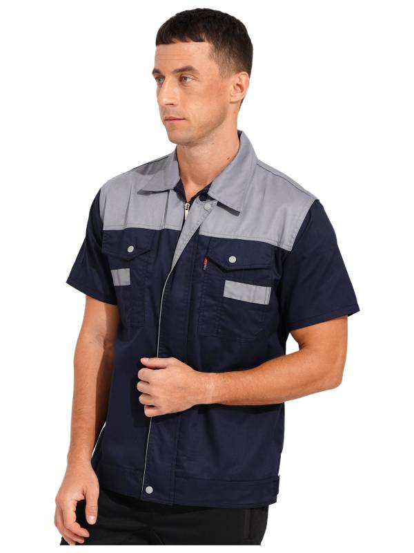 Men Color Block Short Sleeve Shirt Workers Uniform Mechanic Costume thumb