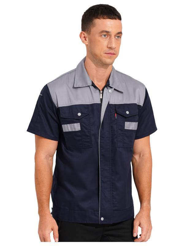 Men Color Block Short Sleeve Shirt Workers Uniform Mechanic Costume thumb