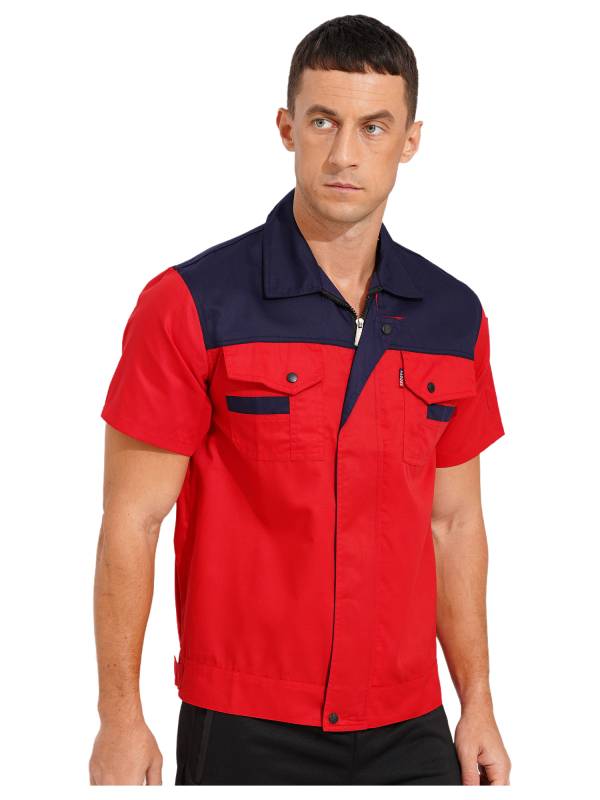 Men Color Block Short Sleeve Shirt Workers Uniform Mechanic Costume thumb