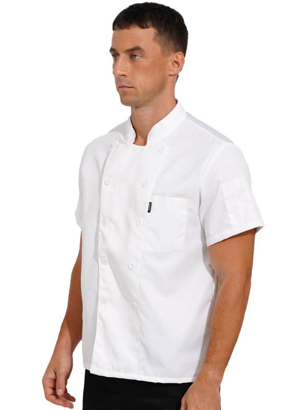 Men Short Sleeve Stand Collar Chef Coat Cook Uniform Shirt thumb