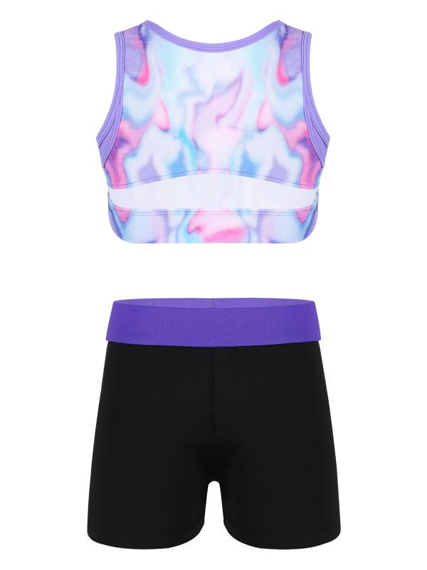 Kids Girls 2pcs Sleeveless Tie-Dye Crop Top with Shorts Sports Set thumb