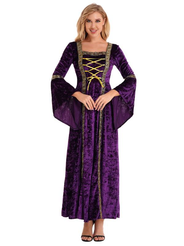 Women Renaissance Medieval Long Sleeve Lace-up Velvet Maxi Dress thumb