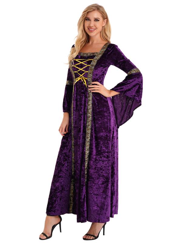 Women Renaissance Medieval Long Sleeve Lace-up Velvet Maxi Dress thumb