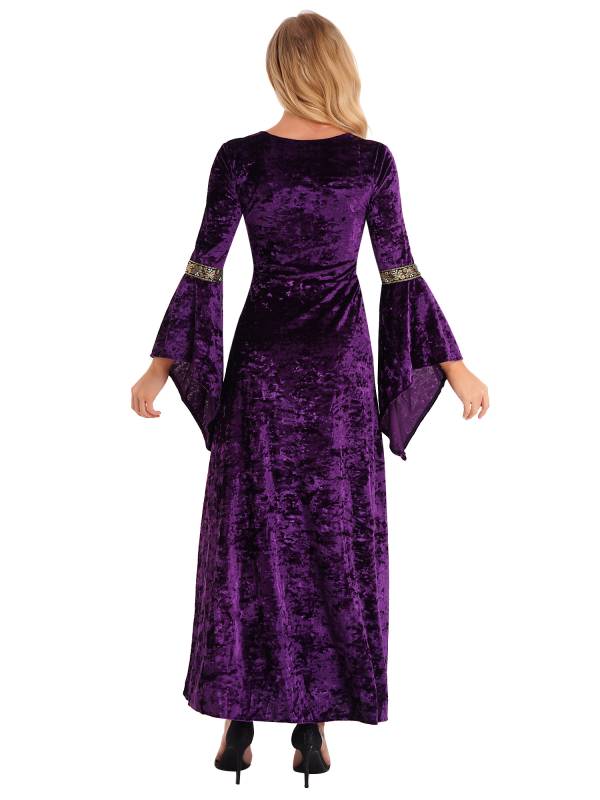 Women Renaissance Medieval Long Sleeve Lace-up Velvet Maxi Dress thumb
