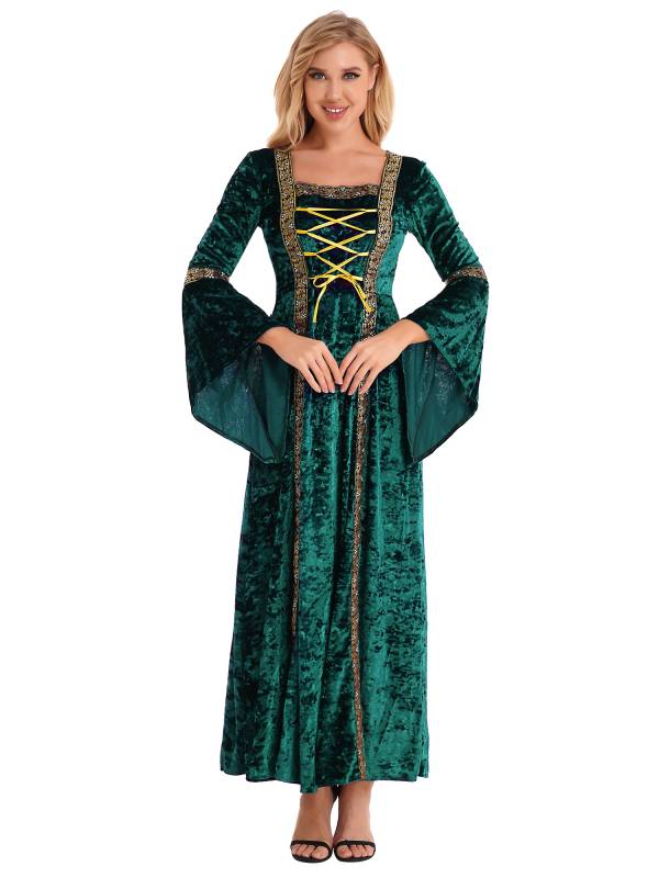Women Renaissance Medieval Long Sleeve Lace-up Velvet Maxi Dress thumb