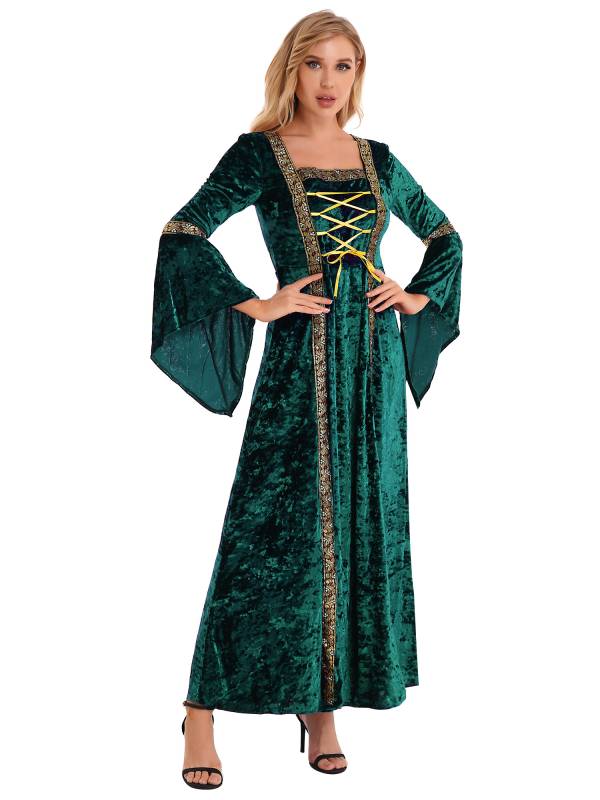 Women Renaissance Medieval Long Sleeve Lace-up Velvet Maxi Dress thumb
