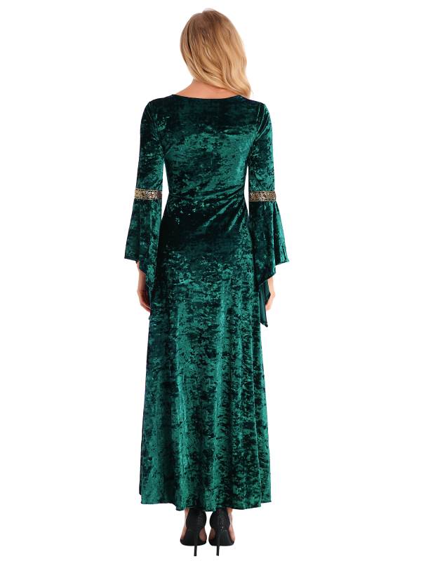 Women Renaissance Medieval Long Sleeve Lace-up Velvet Maxi Dress thumb
