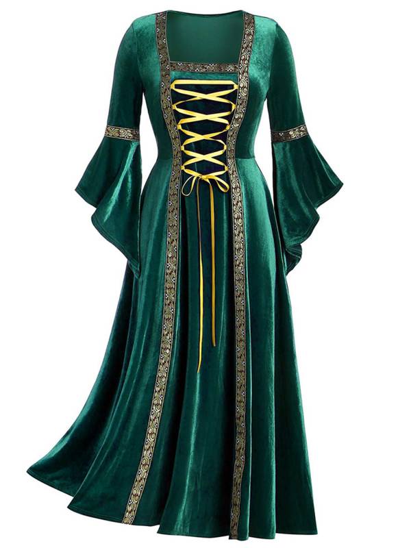 Women Renaissance Medieval Long Sleeve Lace-up Velvet Maxi Dress thumb