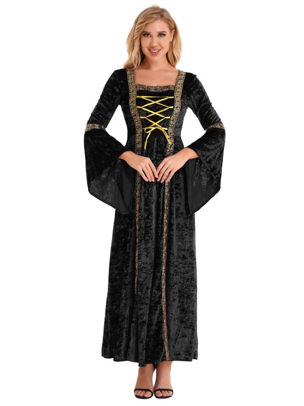 Women Renaissance Medieval Long Sleeve Lace-up Velvet Maxi Dress thumb