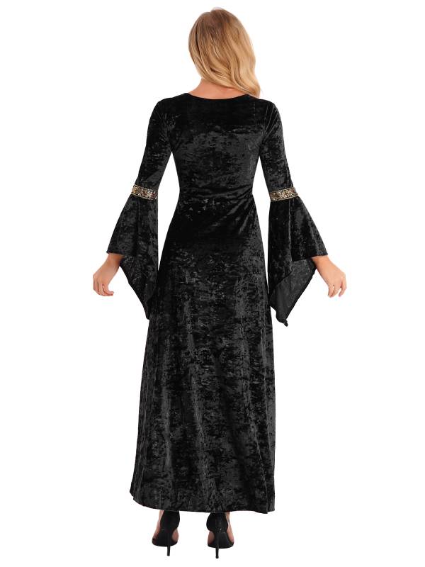 Women Renaissance Medieval Long Sleeve Lace-up Velvet Maxi Dress thumb