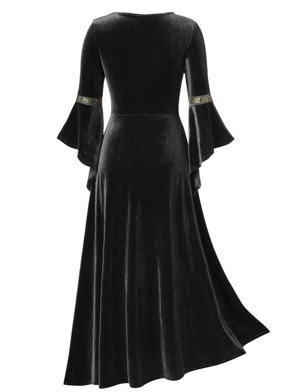 Women Renaissance Medieval Long Sleeve Lace-up Velvet Maxi Dress thumb
