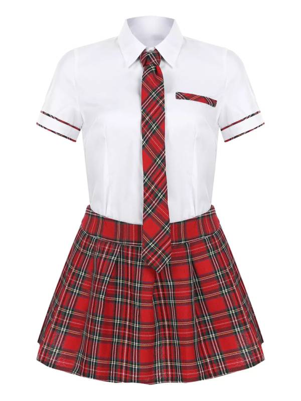 Women 3pcs Shirt and Plaid Skirt with Tie Schoolgirl Cosplay Costumes thumb