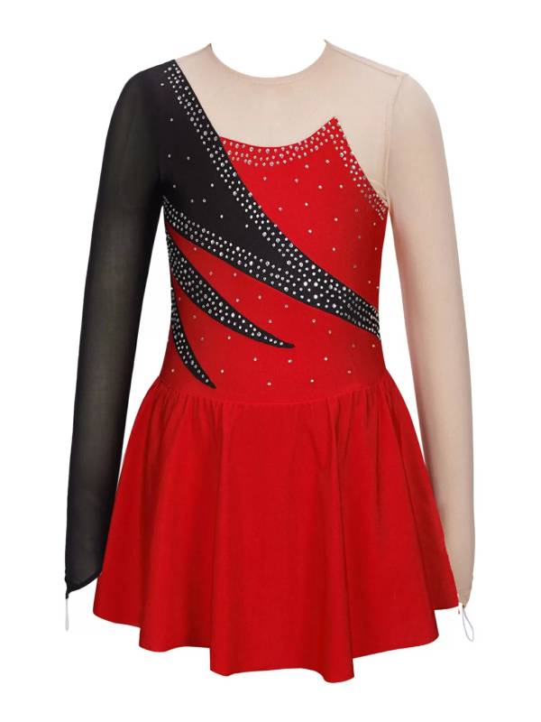 Kids Girls Long Sleeve Shiny Rhinestone Ruffle Skating Dance Dress thumb