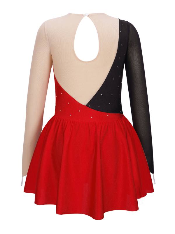 Kids Girls Long Sleeve Shiny Rhinestone Ruffle Skating Dance Dress thumb