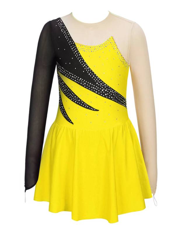 Kids Girls Long Sleeve Shiny Rhinestone Ruffle Skating Dance Dress thumb