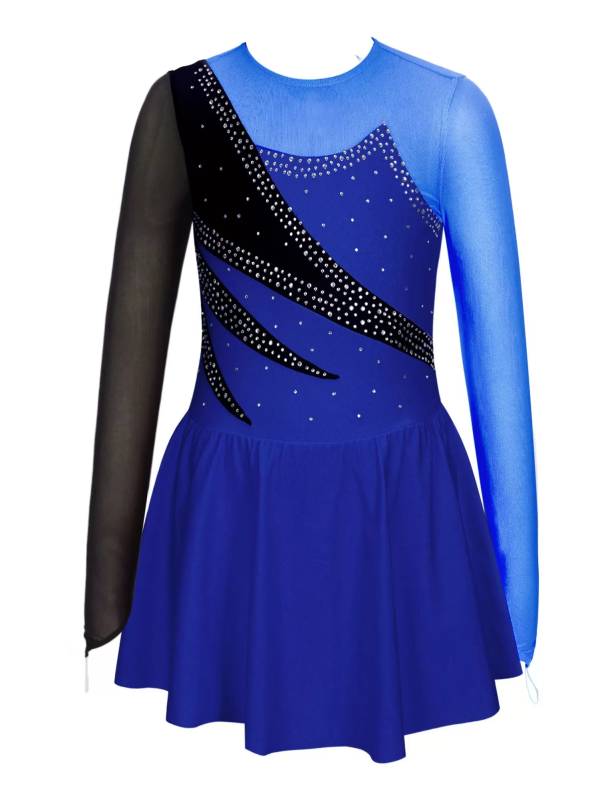 Kids Girls Long Sleeve Shiny Rhinestone Ruffle Skating Dance Dress thumb