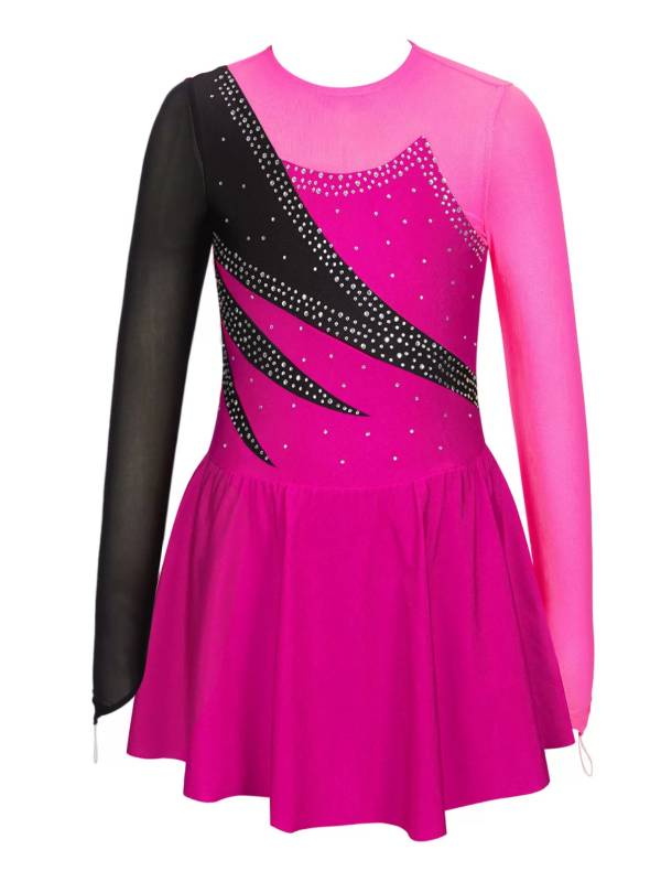 Kids Girls Long Sleeve Shiny Rhinestone Ruffle Skating Dance Dress thumb