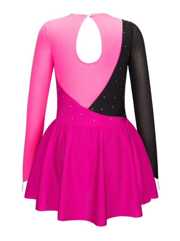 Kids Girls Long Sleeve Shiny Rhinestone Ruffle Skating Dance Dress thumb