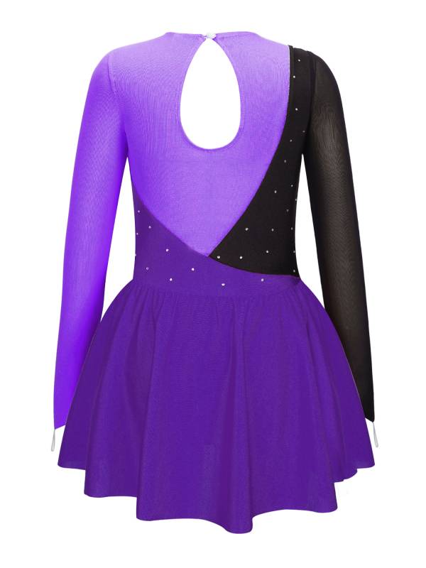 Kids Girls Long Sleeve Shiny Rhinestone Ruffle Skating Dance Dress thumb