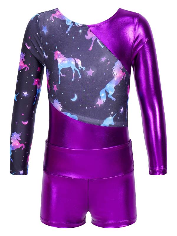Kids Girls Long Sleeve Printed Patchwork Leotard with Shorts Sport Set thumb