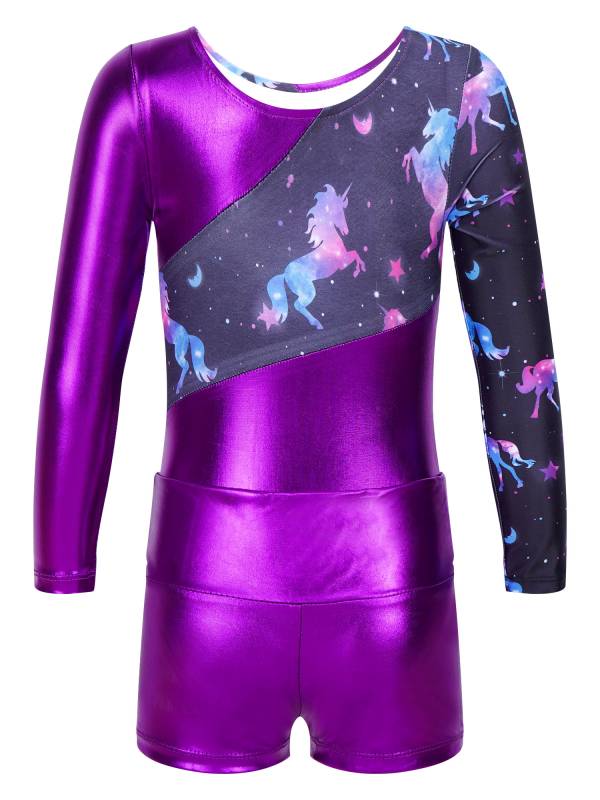 Kids Girls Long Sleeve Printed Patchwork Leotard with Shorts Sport Set thumb