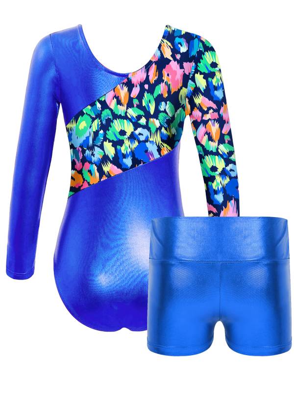 Kids Girls Long Sleeve Printed Patchwork Leotard with Shorts Sport Set thumb